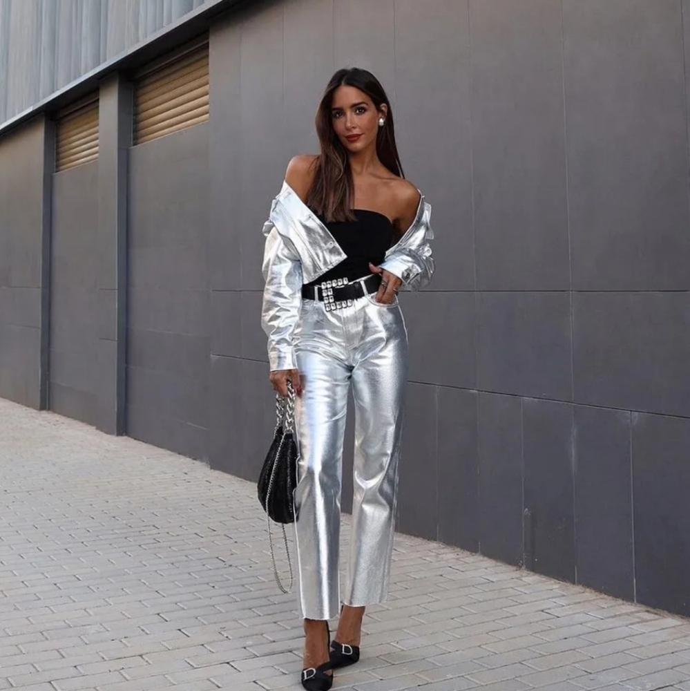 Zara Metallic High Rise Straight Cut Jeans - Picture 4 of 15